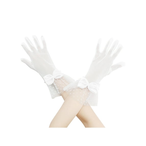 INSPIRE CHIC Women's Short Lace Gloves with Bow for Women Polka Dots Mesh Gloves for Wedding Tea Party One Size White