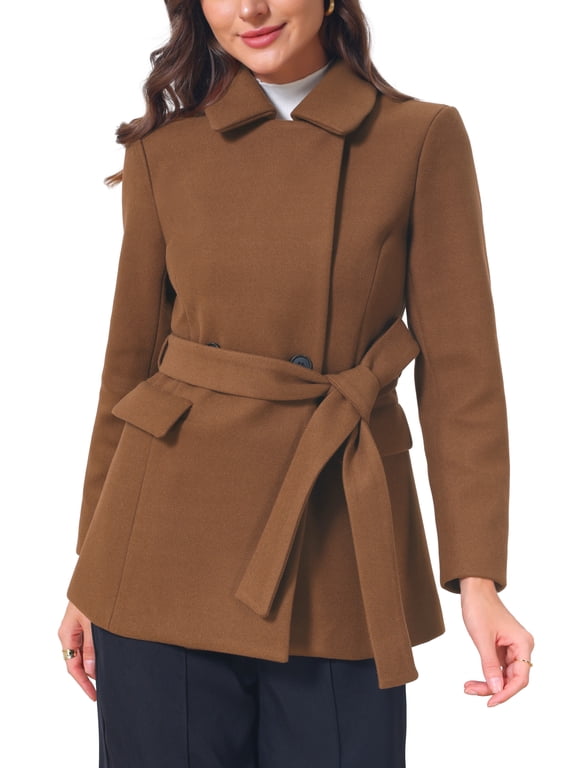 Women's Short Pea Coat Winter Warm Peter Pan Collar Double Breasted Belted Overcoat Jacket Slim Fit Work Outerwear L Brown