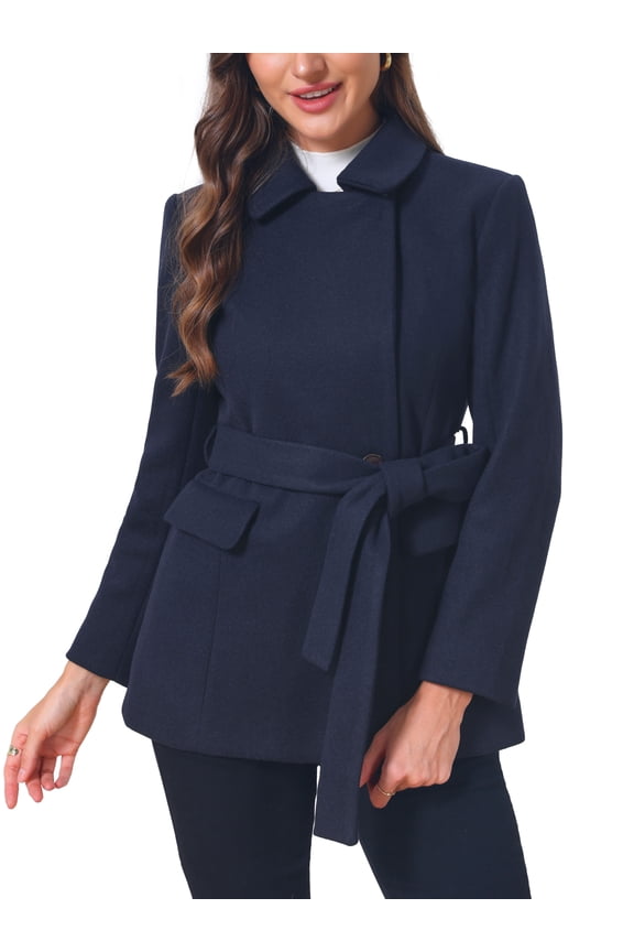 Women's Short Pea Coat Winter Warm Peter Pan Collar Double Breasted Belted Overcoat Jacket Slim Fit Work Outerwear XL Navy Blue