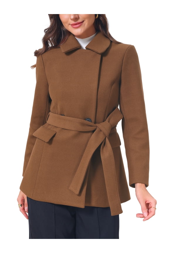 Women's Short Pea Coat Winter Warm Peter Pan Collar Double Breasted Belted Overcoat Jacket Slim Fit Work Outerwear XS Brown