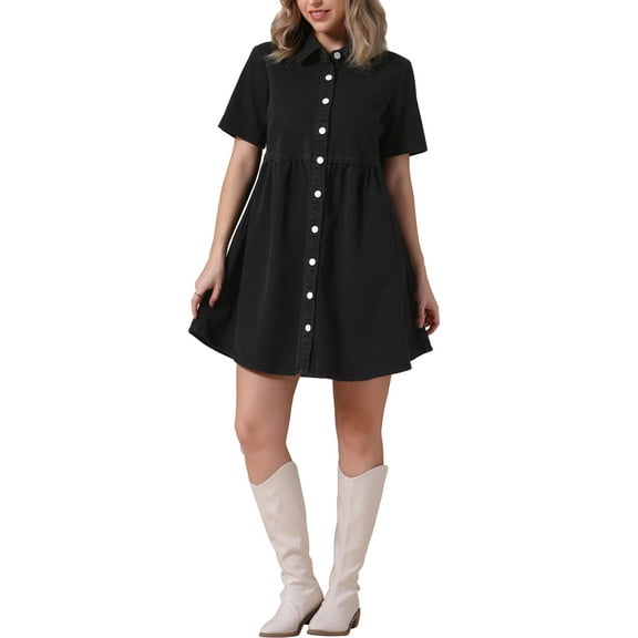 INSPIRE CHIC Women's Short Sleeve Button Down Collared Denim Babydoll Mini Dress S Black