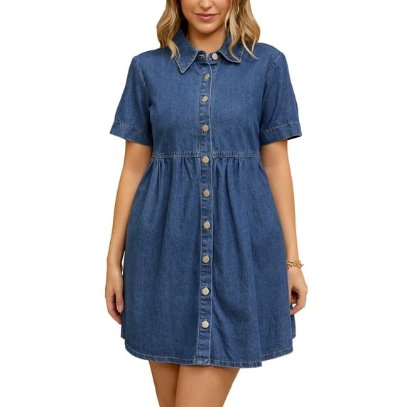 INSPIRE CHIC Women's Short Sleeve Button Down Collared Denim Babydoll Mini Dress S Blue