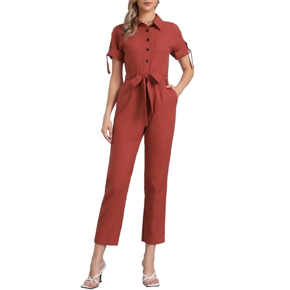 INSPIRE CHIC Women's Jumpsuit Short Sleeve Collared Button Down Tie Waist Cotton Cargo Jumpsuit L Red