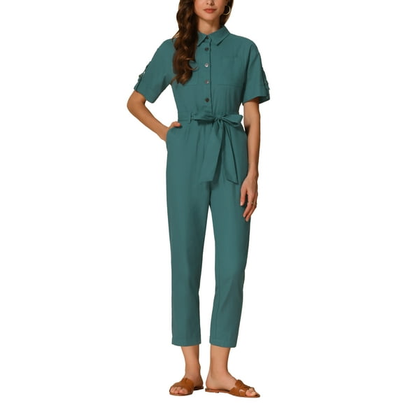 INSPIRE CHIC Women's Jumpsuit Short Sleeve Collared Button Down Tie Waist Cotton Cargo Jumpsuit M Blue Green
