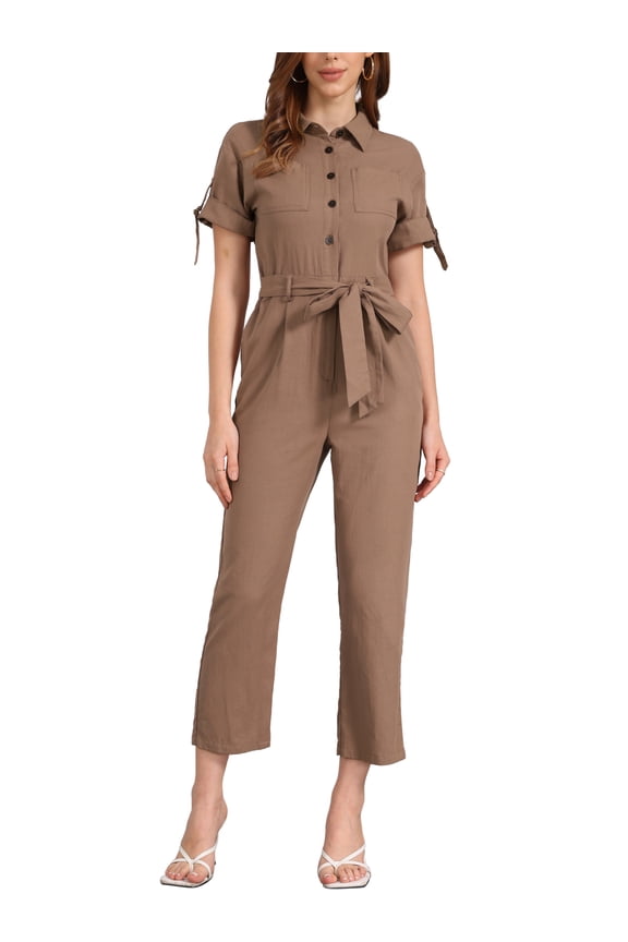 Women's Jumpsuit Short Sleeve Collared Button Down Tie Waist Cotton Cargo Jumpsuit M Coffee