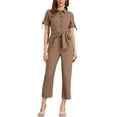thumbnail image 1 of INSPIRE CHIC Women's Jumpsuit Short Sleeve Collared Button Down Tie Waist Cotton Cargo Jumpsuit S Coffee, 1 of 6