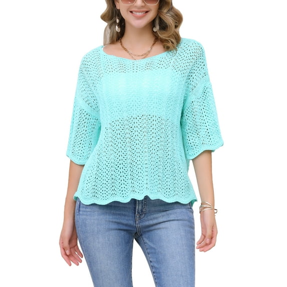 INSPIRE CHIC Women's Short Sleeve Crew Neck Hollow Out Summer Crochet Tops S Sky Blue