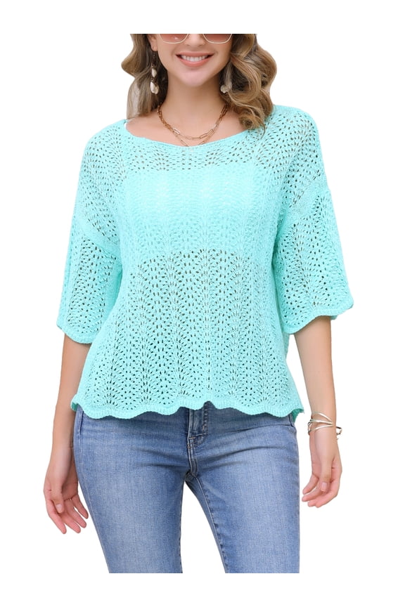 Women's Short Sleeve Crew Neck Hollow Out Summer Crochet Tops S Sky Blue