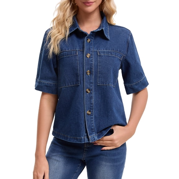 INSPIRE CHIC Women's Short Sleeve Denim Jacket Button Down Boxy Shirt Tops Casual Jean Jackets XL Dark Blue