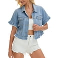 thumbnail image 1 of INSPIRE CHIC Women's Short Sleeve Denim Jacket Button Down Lightweight Ruffle Jean Jacket 2XL Light Blue, 1 of 6