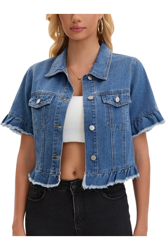 Women's Short Sleeve Denim Jacket Button Down Lightweight Ruffle Jean Jacket L Blue