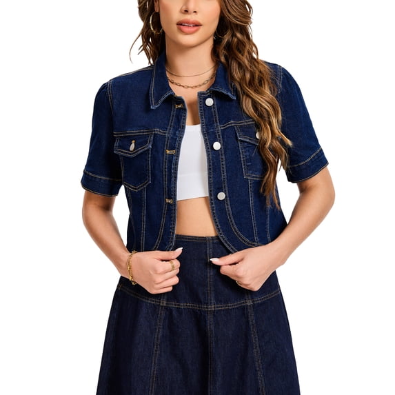 INSPIRE CHIC Women's Short Sleeve Denim Jackets Cropped Button Down with Pockets Classic Jean Jacket S Black Blue
