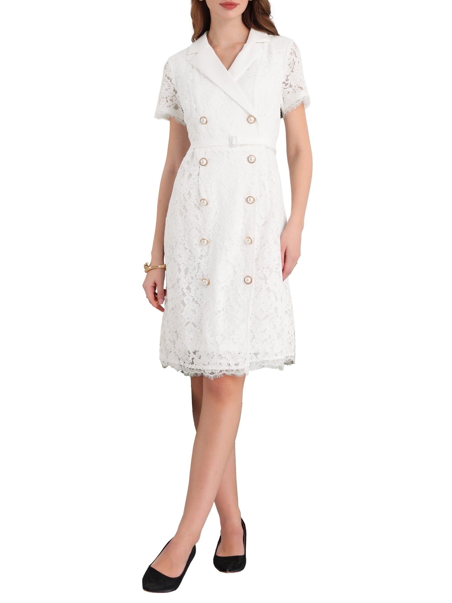 Inspire Chic Women's Short Sleeve Lace Dress Lapel Collar Double Breasted Wedding Cocktail Belted A-Line Dresses L White Inspire Chic Women's Short Sleeve Lace Dress Lapel Collar Double Breasted Wedding Cocktail Belted A-Line Dresses L White