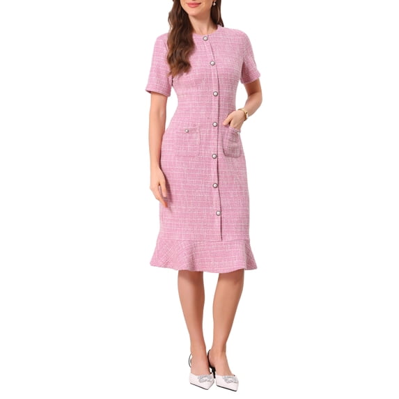 INSPIRE CHIC Women's Short Sleeve Mermaid Dress 2025 Elegant Work Fishtail Tweed Bodycon Dresses L Pink