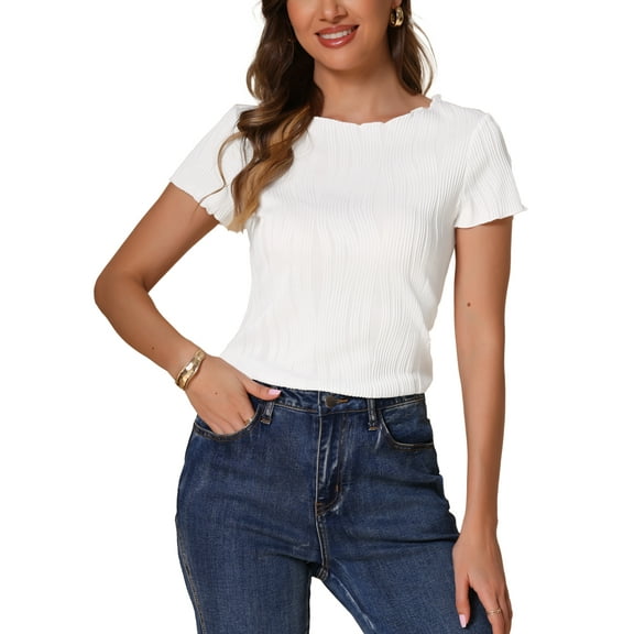 INSPIRE CHIC Women's Short Sleeve Round Neck Textured Ribbed Knit Top S White