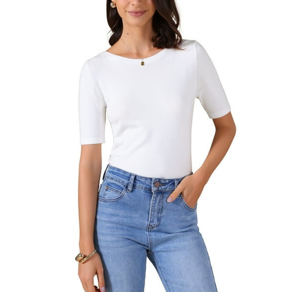 INSPIRE CHIC Women's Short Sleeve Shirt Boat Neck Lightweight Stretchy Basic Knit Casual T-Shirt Top XS White