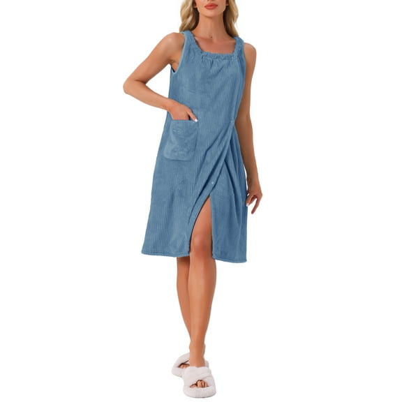 INSPIRE CHIC Women's Shower Wrap Bath Towel Robe Strap Wearable Button Sleeveless Dress with Snaps Pockets Spa XL Blue