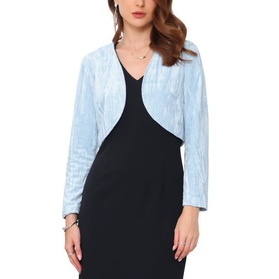 INSPIRE CHIC Women's Shrugs Evening Velvet Gilding Long Sleeve Open Front Elegant Cocktail Bolero 2XL Light Blue