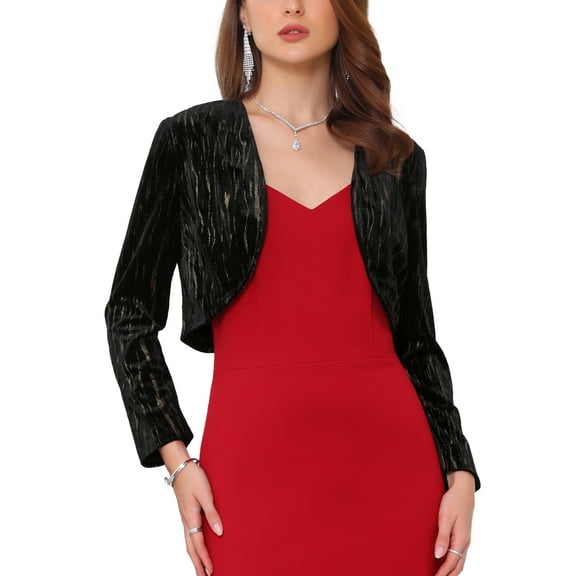 INSPIRE CHIC Women's Shrugs Evening Velvet Gilding Long Sleeve Open Front Elegant Cocktail Bolero M Black
