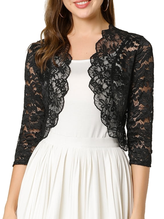 Women's Shrugs Floral Lace Cardigan 3/4 Sleeves Sheer Cover Up Top Black L