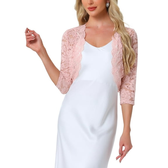 INSPIRE CHIC Valentine's Day Women's Shrugs Floral Lace Cardigan 3/4 Sleeves Sheer Cover Up Top L Light Pinks