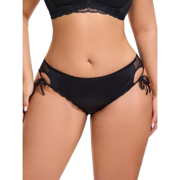INSPIRE CHIC Women's Side Tie Panties Lace Mesh Sheer Underwear Low Rise Briefs Underpants Large Black