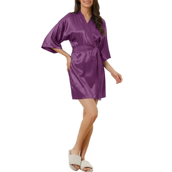INSPIRE CHIC Women's Silk Robes 3/4 Sleeves Tie Waist Floral Satin Pajamas M Purple