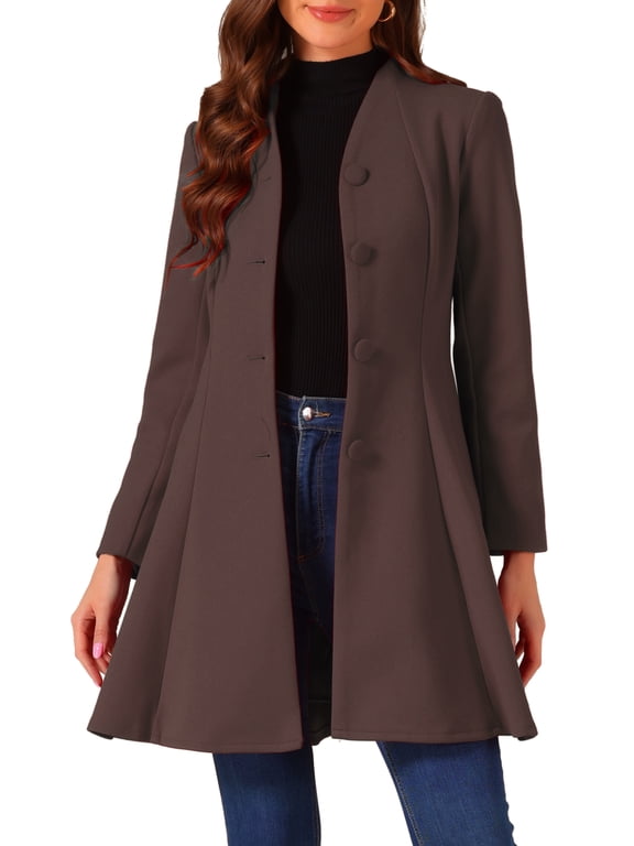 Women's Single Breasted Coat A Line Mid-Long Peacoats Outerwear Winter Coats XL Coffee