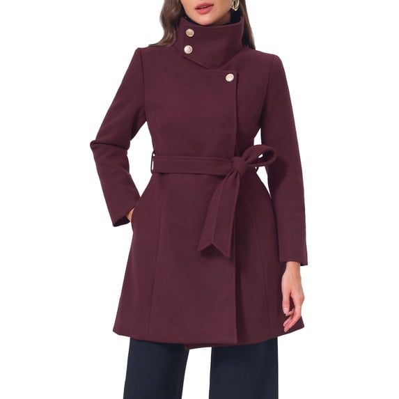 INSPIRE CHIC Women's Single Breasted Pea Coat Long Sleeve Winter Warm Coats Stand Collar Belted Overcoat Work Office Outerwear M Purple