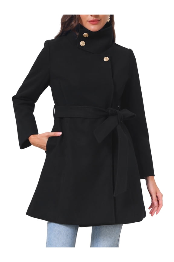 Women's Single Breasted Pea Coat Long Sleeve Winter Warm Coats Stand Collar Belted Overcoat Work Office Outerwear XS Black