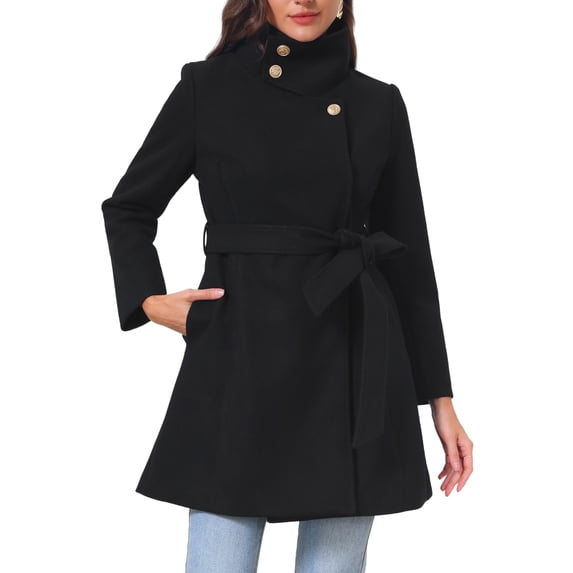 INSPIRE CHIC Women's Single Breasted Pea Coat Long Sleeve Winter Warm Coats Stand Collar Belted Overcoat Work Office Outerwear XS Black