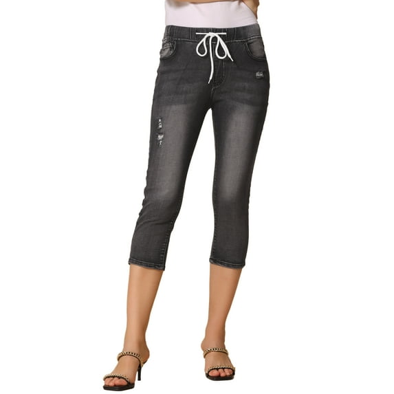 INSPIRE CHIC Women's Skinny Jeans Elastic Waist Classic Slimming Denim Capri Pants XS Black