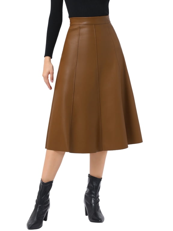 Women's Skirt Casual Vintage High Waist A Line Faux PU Leather Midi Skirts XS Khaki Brown