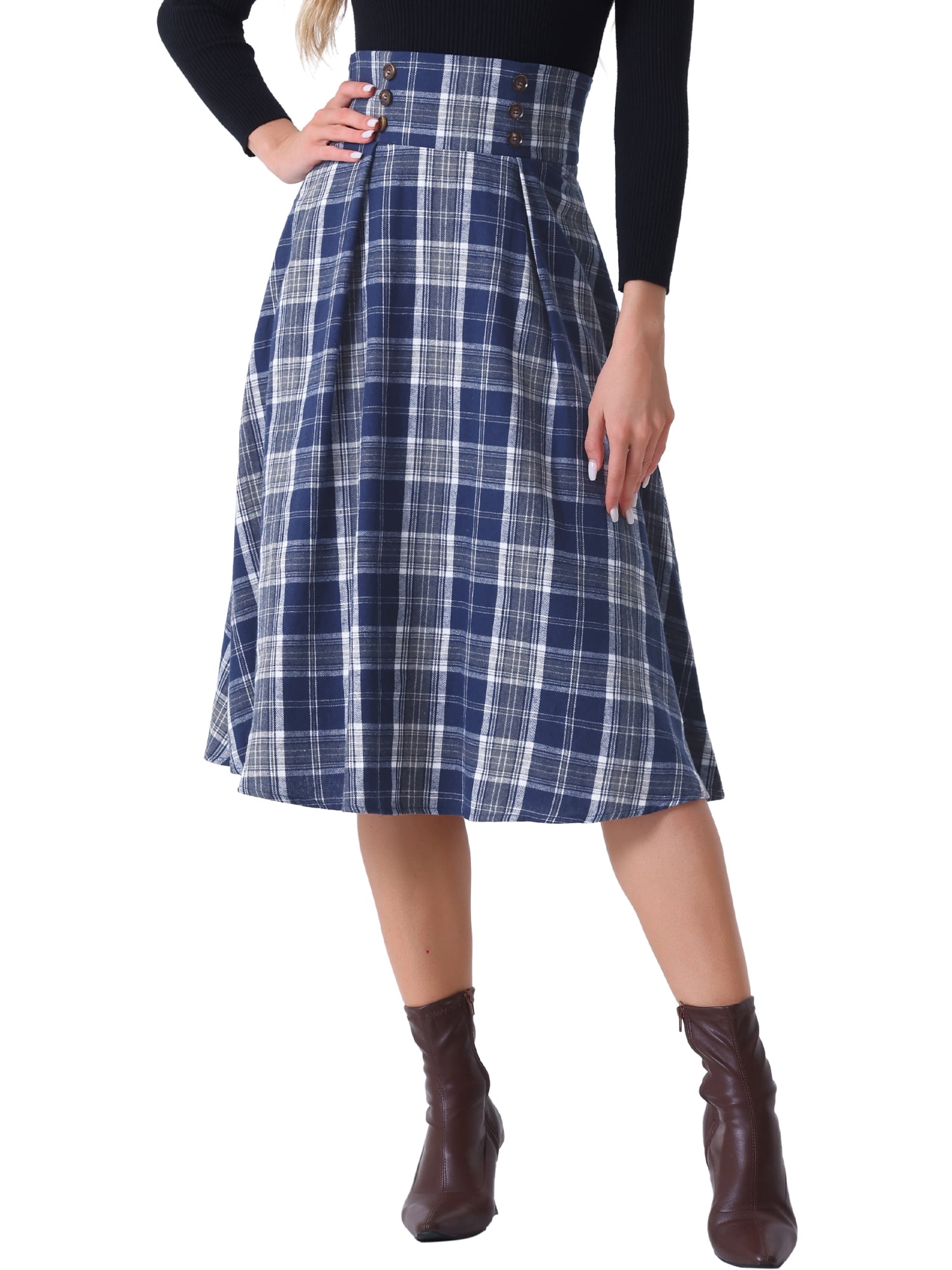 INSPIRE CHIC Women's Skirt High Elastic Waist A-Line Vintage Plaid Midi ...