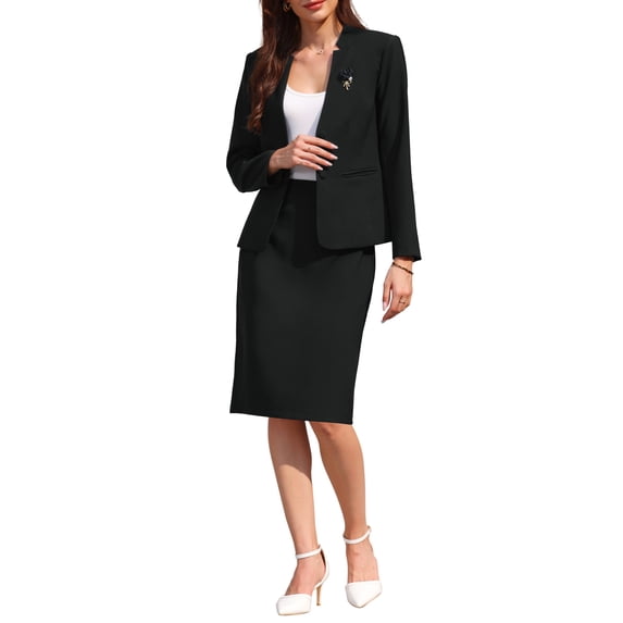 INSPIRE CHIC Women's Skirt Suit Set 2 Piece Outfit Business Work Blazers and Pencil Skirts with Brooch Pin S Black