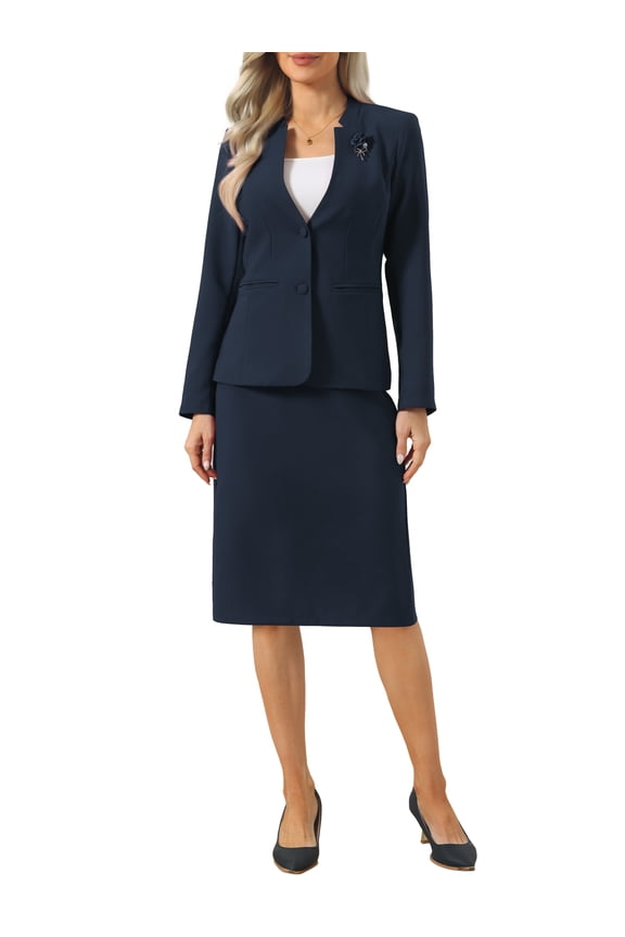 Women's Skirt Suit Set 2 Piece Outfit Business Work Blazers and Pencil Skirts with Brooch Pin S Navy Blue