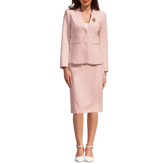 INSPIRE CHIC Women's Skirt Suit Set 2 Piece Outfit Business Work Blazers and Pencil Skirts with Brooch Pin XL Pink