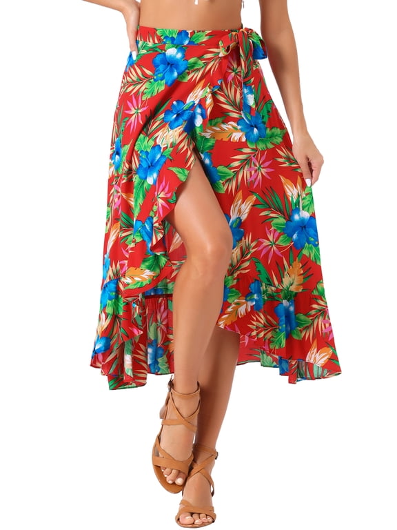 Women's Skirt Tropical Floral Print Ruffle Self Tie Knot Split Beach Hawaiian Wrap Skirt Red L