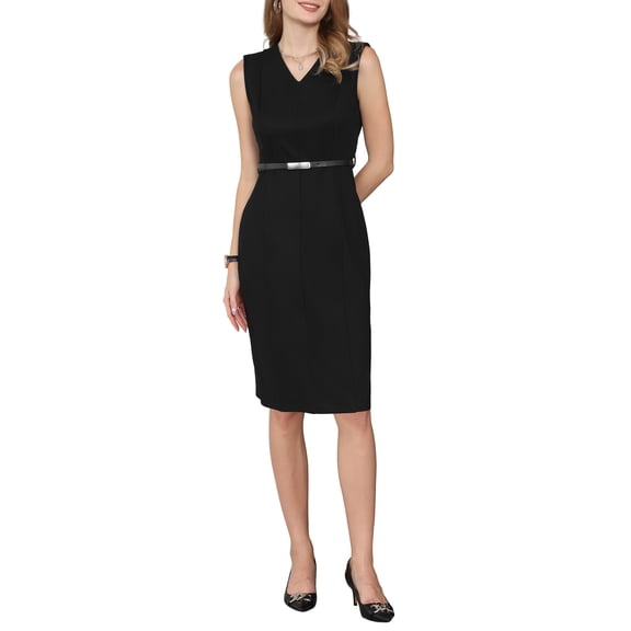 INSPIRE CHIC Women's Sleeveless 2026 Funeral Dress V-Neck Office Sheath Dresses with Belt M Black