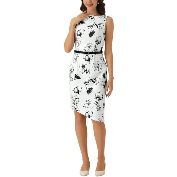 INSPIRE CHIC Women's Sleeveless Belted Dress Floral Print Boat Neck Asymmetrical Hem Knee Length Work Dresses XS White