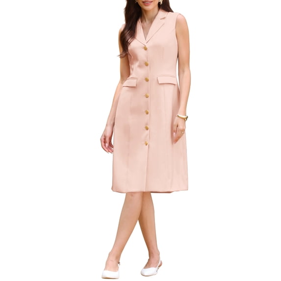 INSPIRE CHIC Women's Sleeveless Blazer Dress Collared Button Down Business Work A Line Dresses S Pink