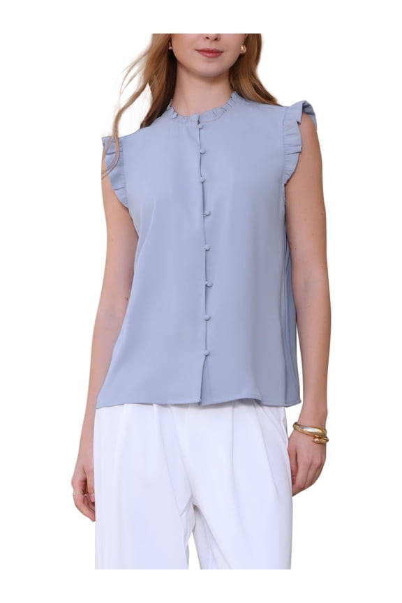 Women's Sleeveless Button Down Ruffled Crew Neck Office Blouse M Grey Blue