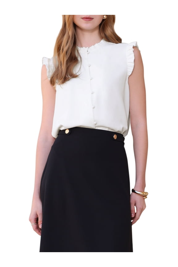 Women's Sleeveless Button Down Ruffled Crew Neck Office Blouse S White