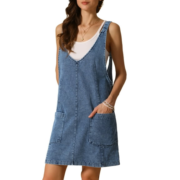 INSPIRE CHIC Women's Sleeveless Casual Denim Adjustable Strap Overall Mini Dress XS Dark Blue