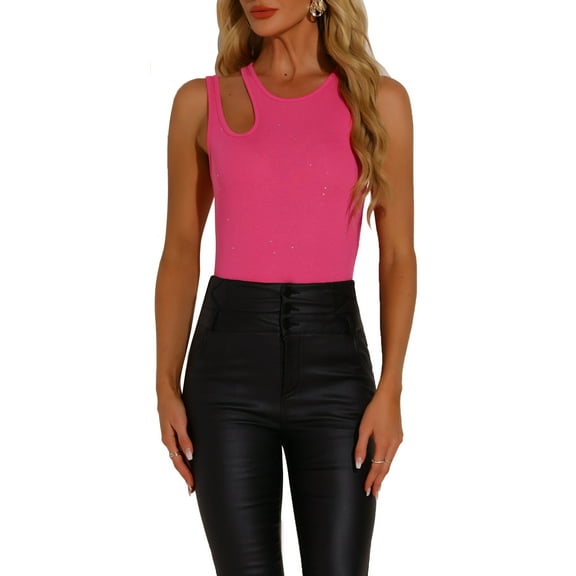 INSPIRE CHIC Women's Sleeveless Crew Neck Cut-out shoulder Gilding Shiny Ribbed Body Suits XS Hot Pink