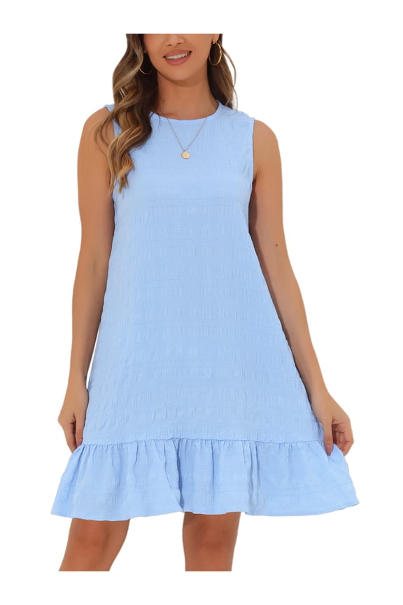 Easter Outfit Women's Sleeveless Crew Neck Ruffle Hem Back Keyhole Smock Shift Mini Dresses L Blue
