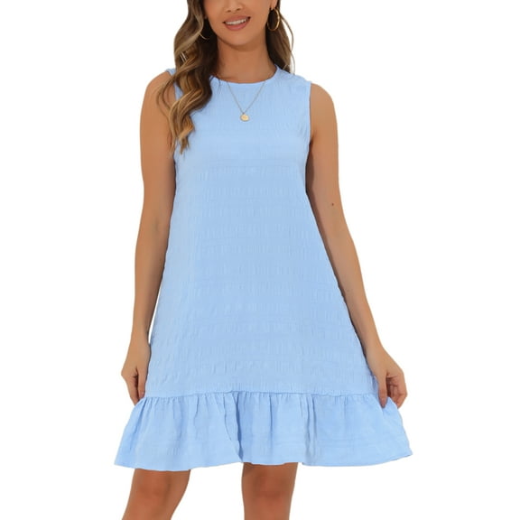 INSPIRE CHIC Women's Sleeveless Crew Neck Ruffle Hem Back Keyhole Smock Shift Mini Dresses M Blue