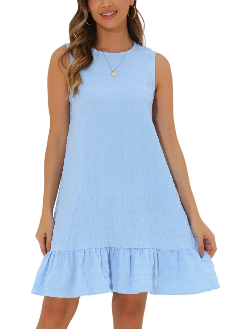 INSPIRE CHIC Women's Sleeveless Ruffle Hem Back Keyhole Smock Shift Mini  Dress Blue S - Walmart.com