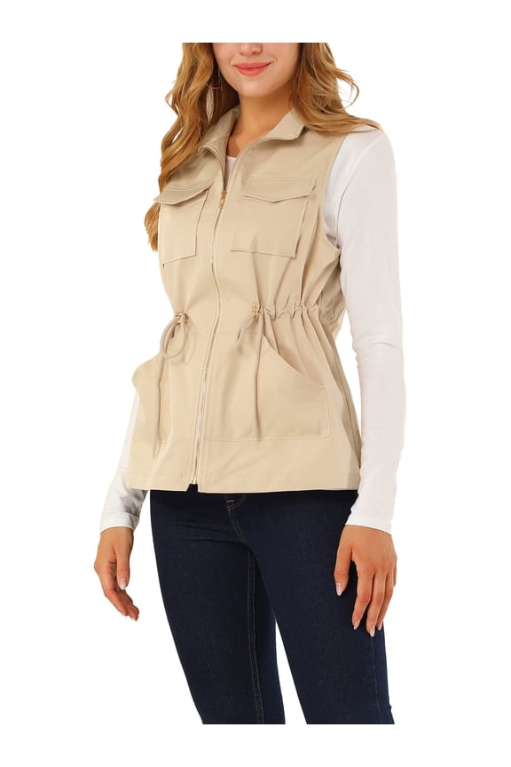 Women's Sleeveless Drawstring Waist Zipper Pocket Utility Vest M Khaki
