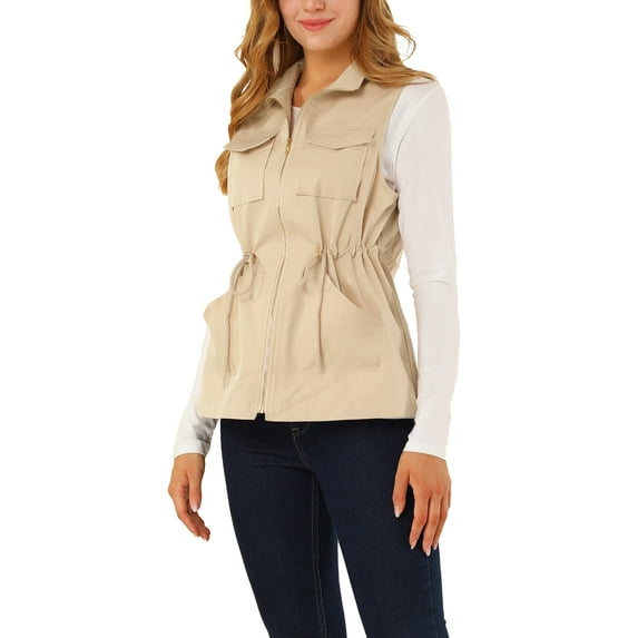 INSPIRE CHIC Women's Sleeveless Drawstring Waist Zipper Pocket Utility Vest S Khaki